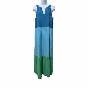J Jill Womens Tiered Sleeveless Maxi Dress Size M Green Blue Vacation Sundress